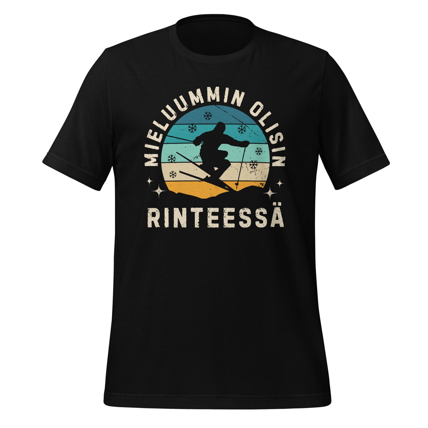 Retro t-paita, jossa teksti 'Mieluummin Olisin Rinteessä' ja laskettelijan siluetti talvimaisemassa.