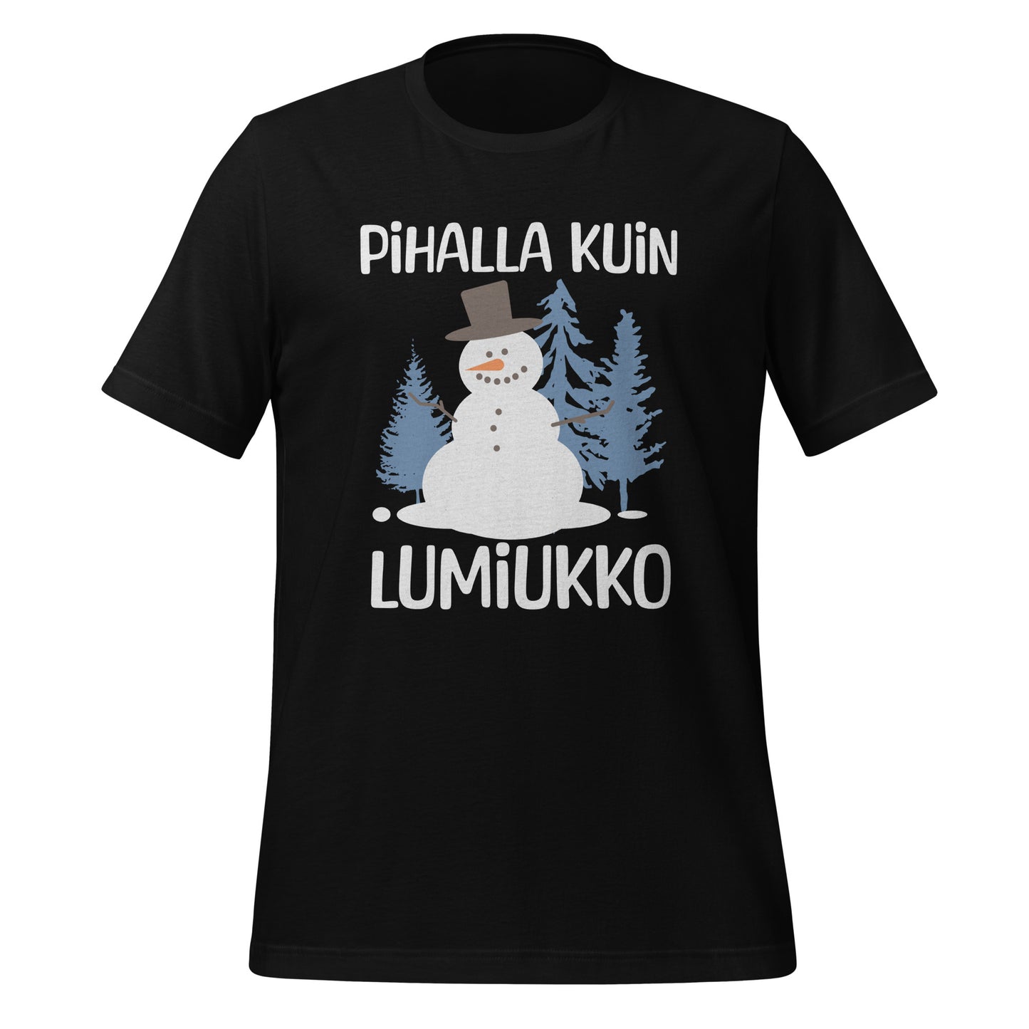 T-paita tekstillä "Pihalla kuin lumiukko" ja kuvalla iloisesta lumiukosta. Humoristinen talviaiheinen design.