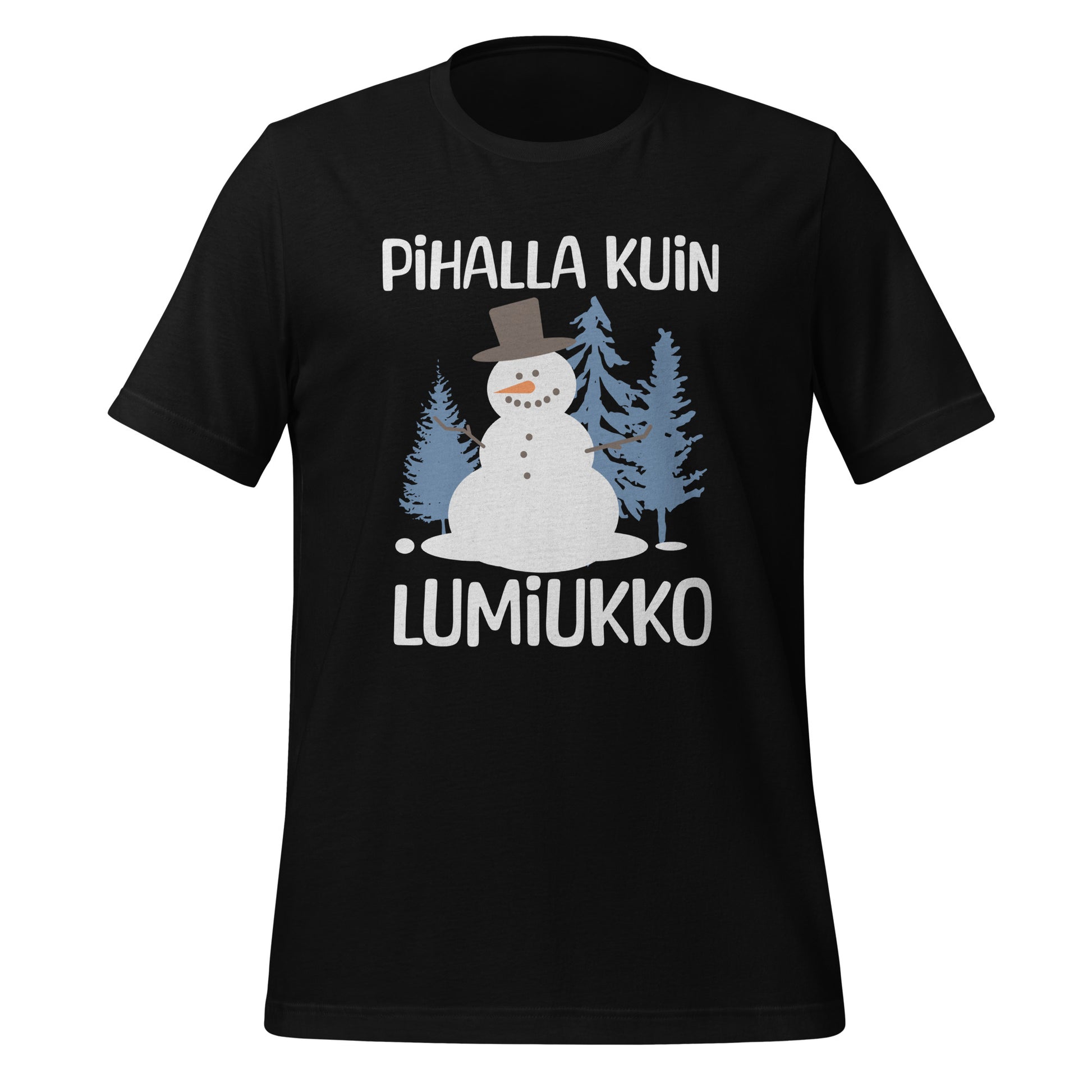 T-paita tekstillä "Pihalla kuin lumiukko" ja kuvalla iloisesta lumiukosta. Humoristinen talviaiheinen design.