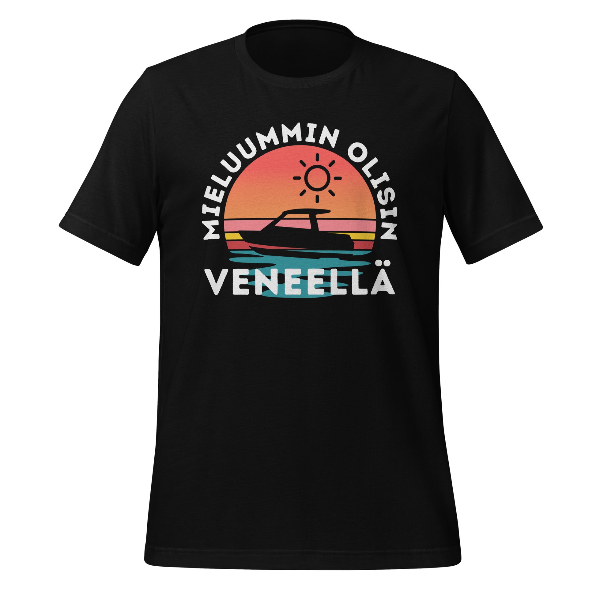 T-paita tekstillä "Mieluummin olisin veneellä" ja kuvalla veneestä auringonlaskussa. Retrohenkinen design vesillä viihtyville.