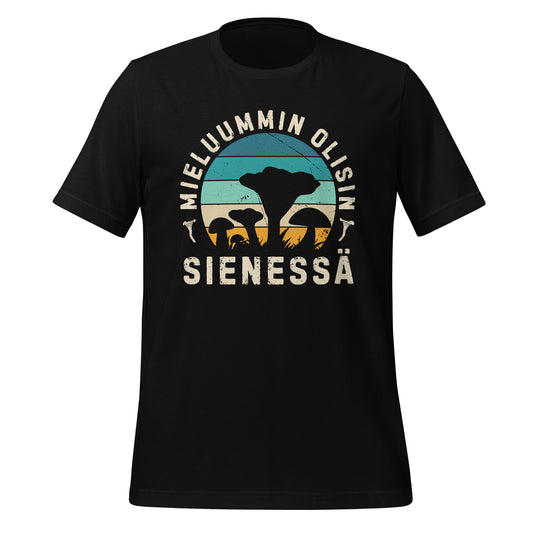 Musta t-paita tekstillä "Mieluummin olisin sienessä" ja kuvalla sienistä. Retrohenkinen design luonnon ja sienestyksen ystäville.