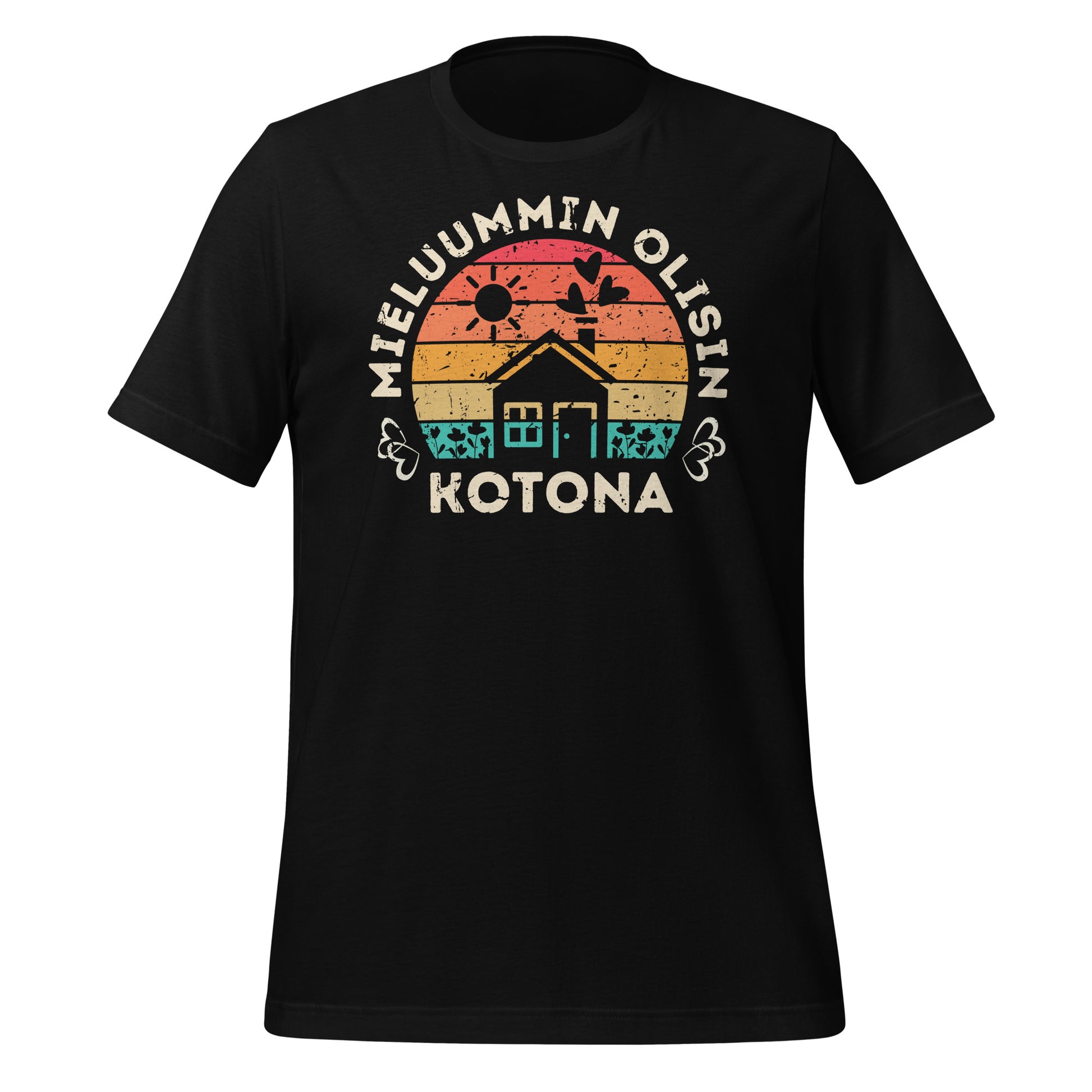 Musta t-paita, jossa retro auringonlasku ja teksti mieluummin olisin kotona.
