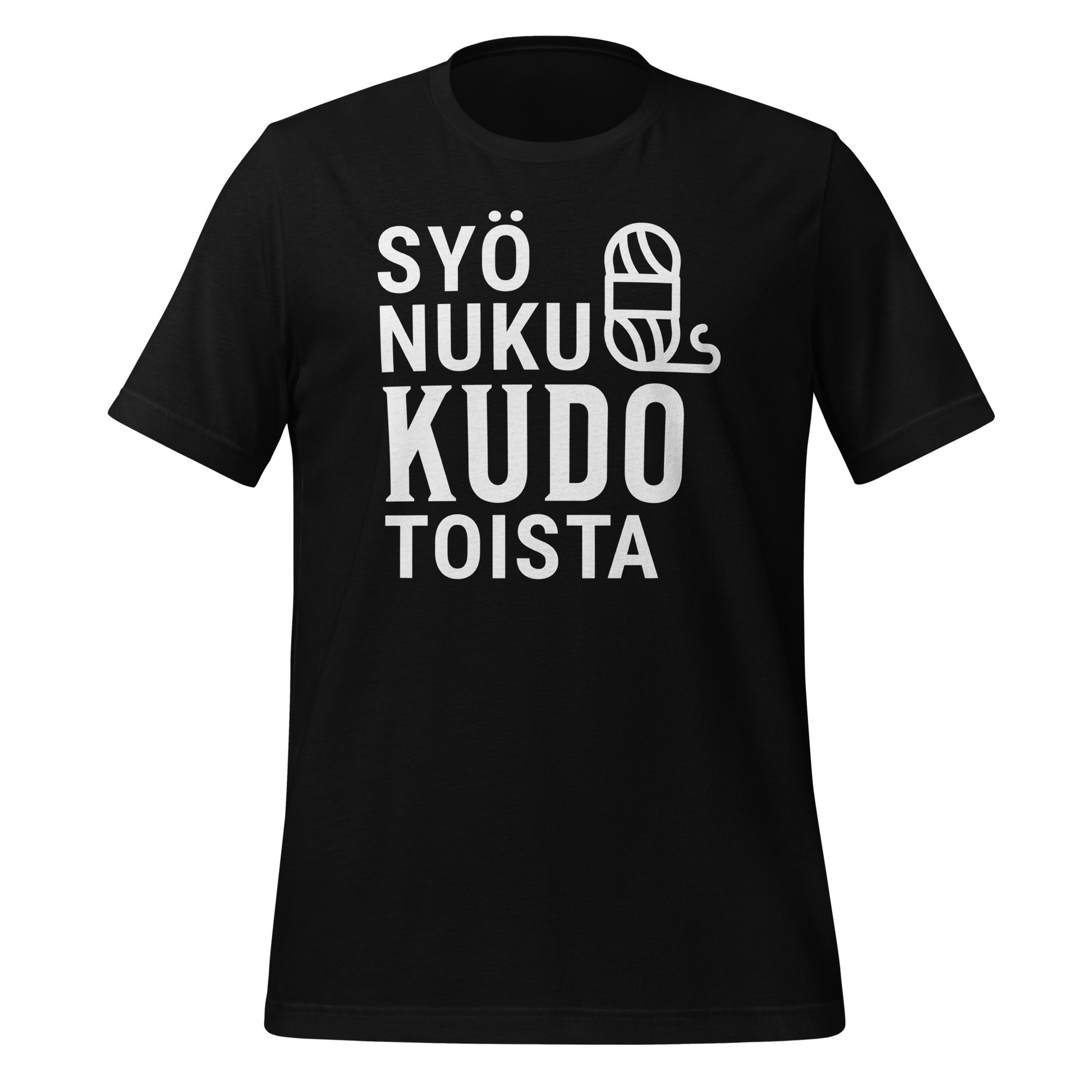 Musta t-paita, jossa teksti 'Syö, nuku, kudo, toista' ja lankakerä – suunniteltu kutojille.