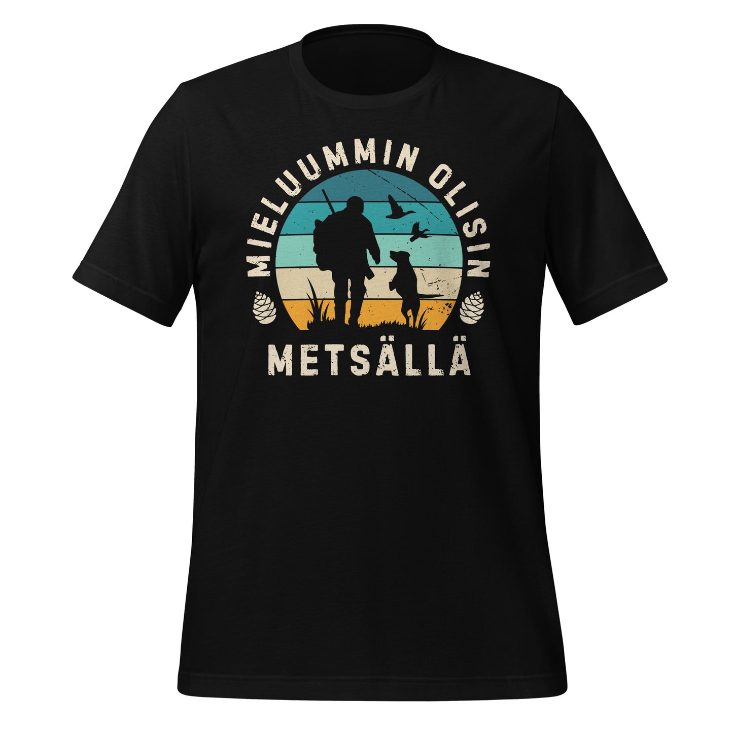Mieluummin olisin metsällä musta t-paita metsästäjille, retro-tyylinen metsästysaiheinen design.