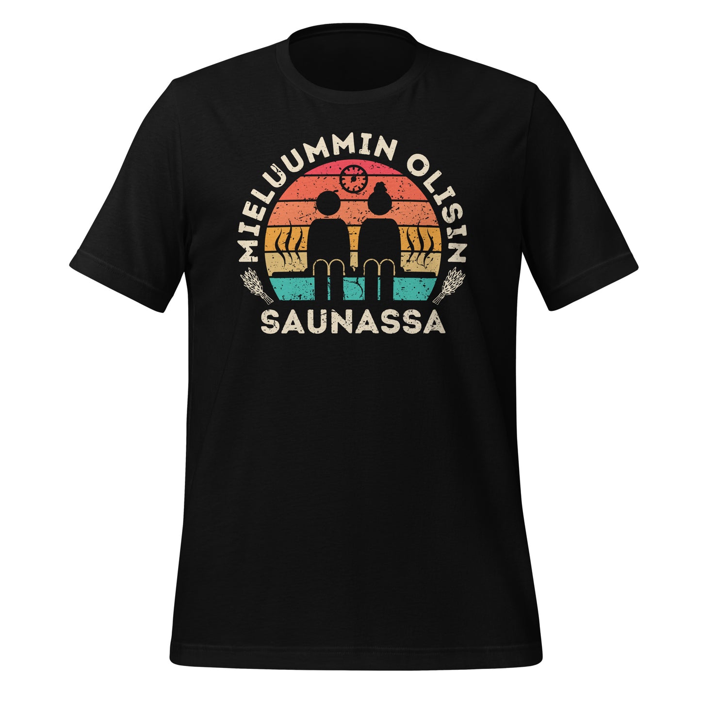 Mieluummin olisin saunassa - musta t-paita. Tyylikäs retropaita saunomisen ystvälle.
