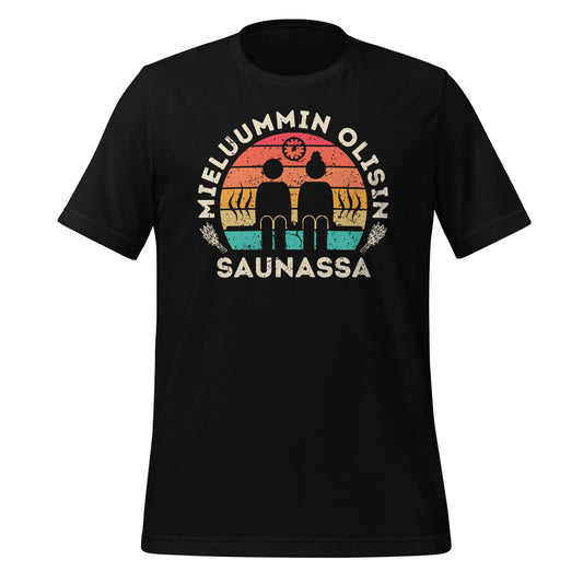 Mieluummin olisin saunassa - musta t-paita. Tyylikäs retropaita saunomisen ystvälle.
