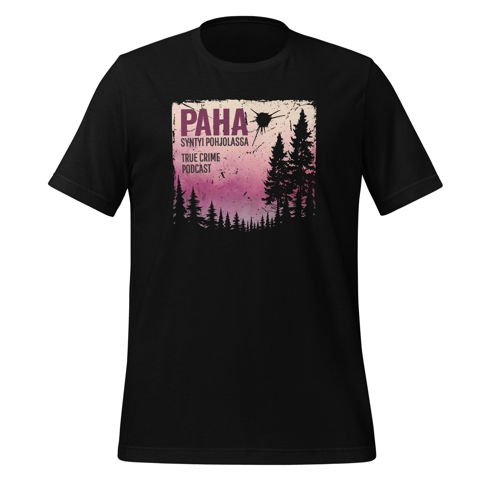Pramiat x Paha syntyi pohjolassa - musta t-paita, jossa synkkä metsä ja purppurainen gradientti. Suomalainen true crime -design.
