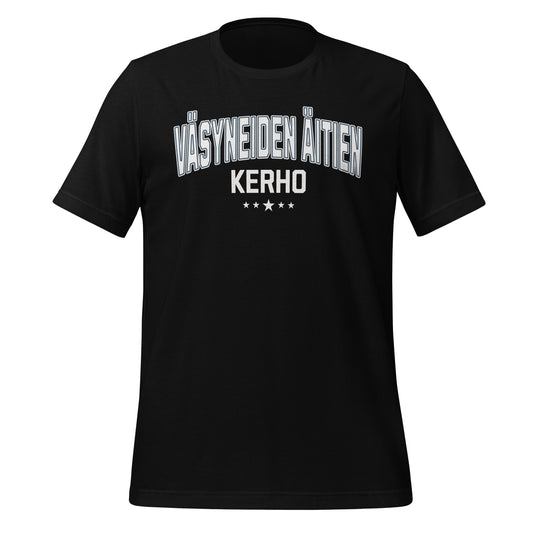 Musta t-paita, jossa tyylikäs typografia 'väsyneiden äitien kerho', vaalea painatus.
