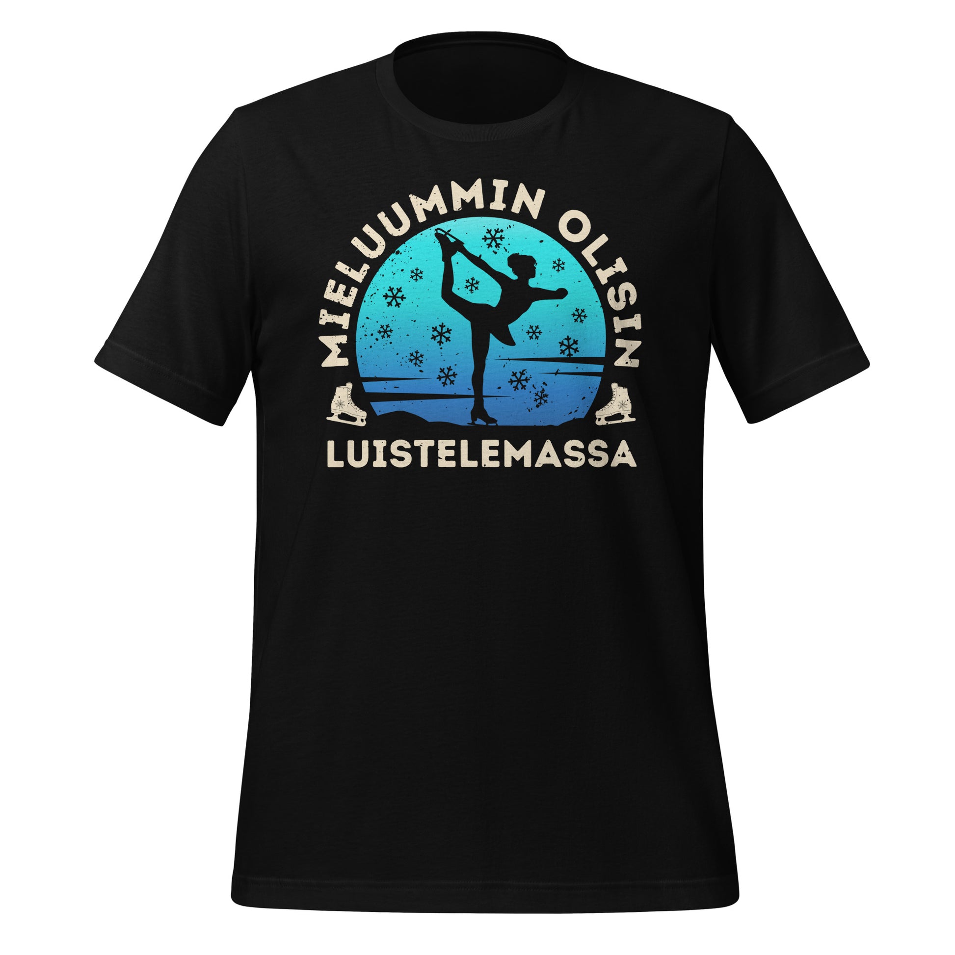 Musta mieluummin olisin luistelemassa t-paita. Tyylikäs sininen gradientti, taitoluistelija ja talvinen tunnelma.