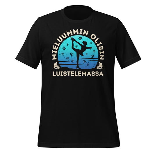 Musta mieluummin olisin luistelemassa t-paita. Tyylikäs sininen gradientti, taitoluistelija ja talvinen tunnelma.
