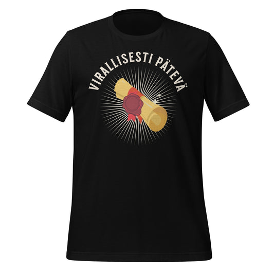 Kuvitus diplomista ja punaisesta sinetistä, sädekehä ja teksti “Virallisesti pätevä” ylhäällä