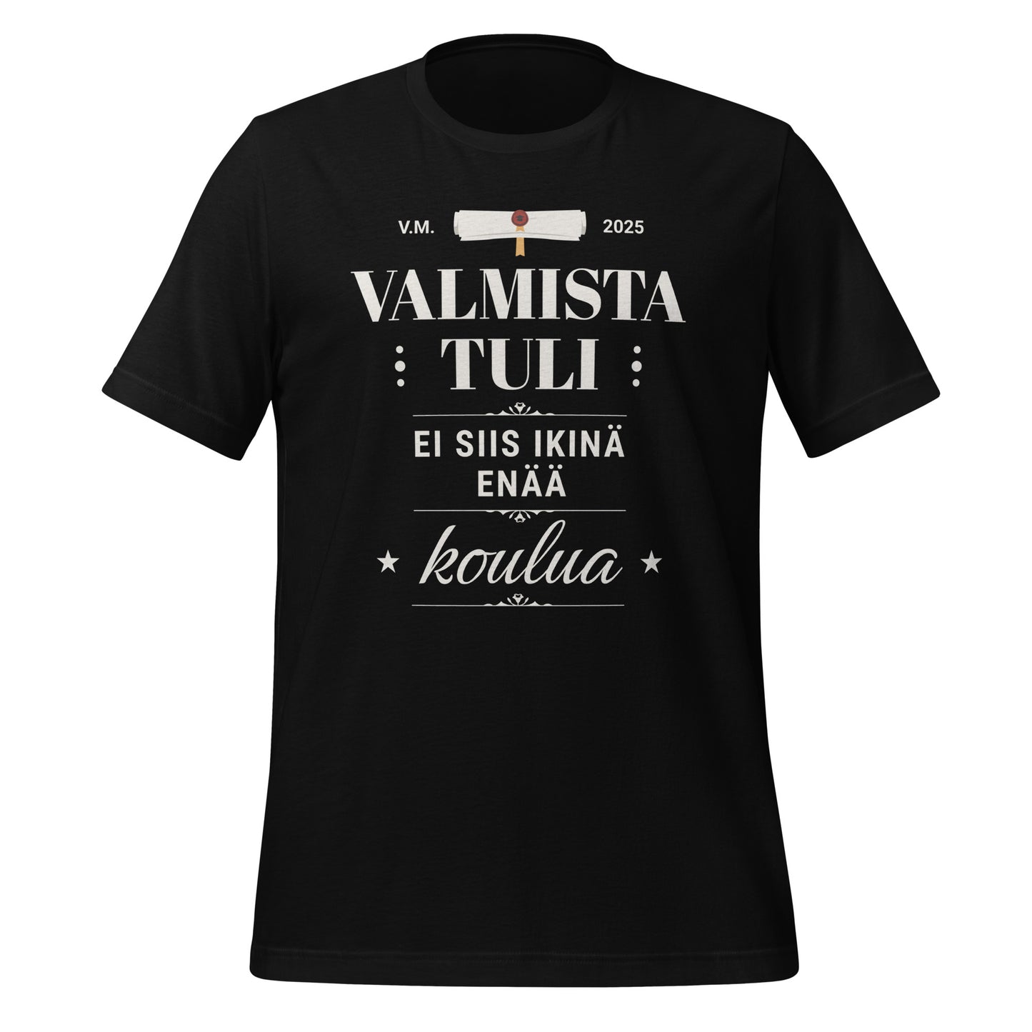 Fun unisex graduation t-shirt with text 'Valmista tuli - ei siis ikinä enää koulua' in stylish typography.