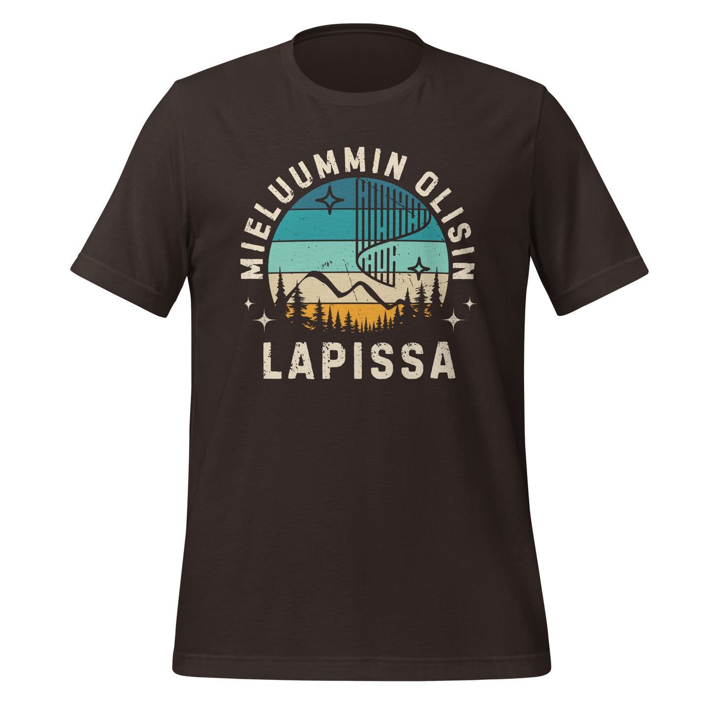 Mieluummin olisin Lapissa unisex t-paita, tumma, retrotyylinen design, pohjoisen luonnon ystäville.