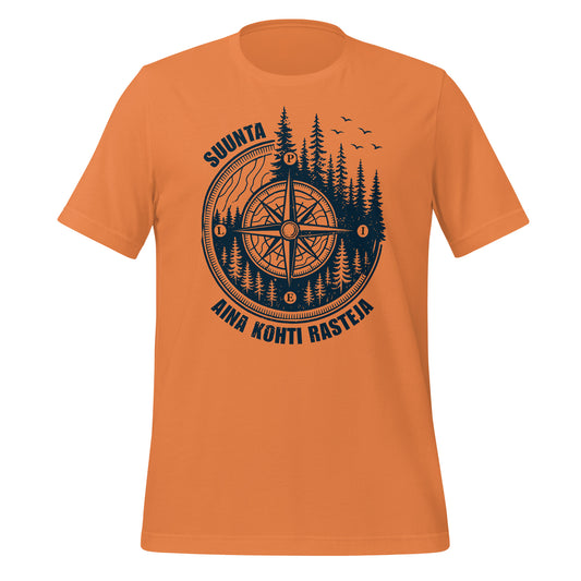 Suunnistusaiheinen t-paita tekstillä Suunta aina kohti rasteja ja tyylitellyllä kompassikuviolla