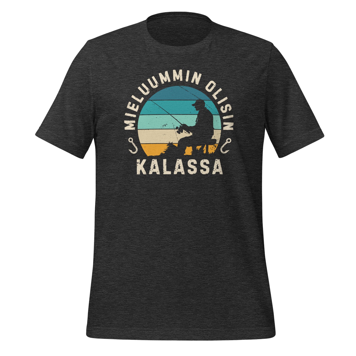 Mieluummin olisin kalassa harmaa
t-paita – retrohenkinen kalastajan siluetti auringonlaskussa.