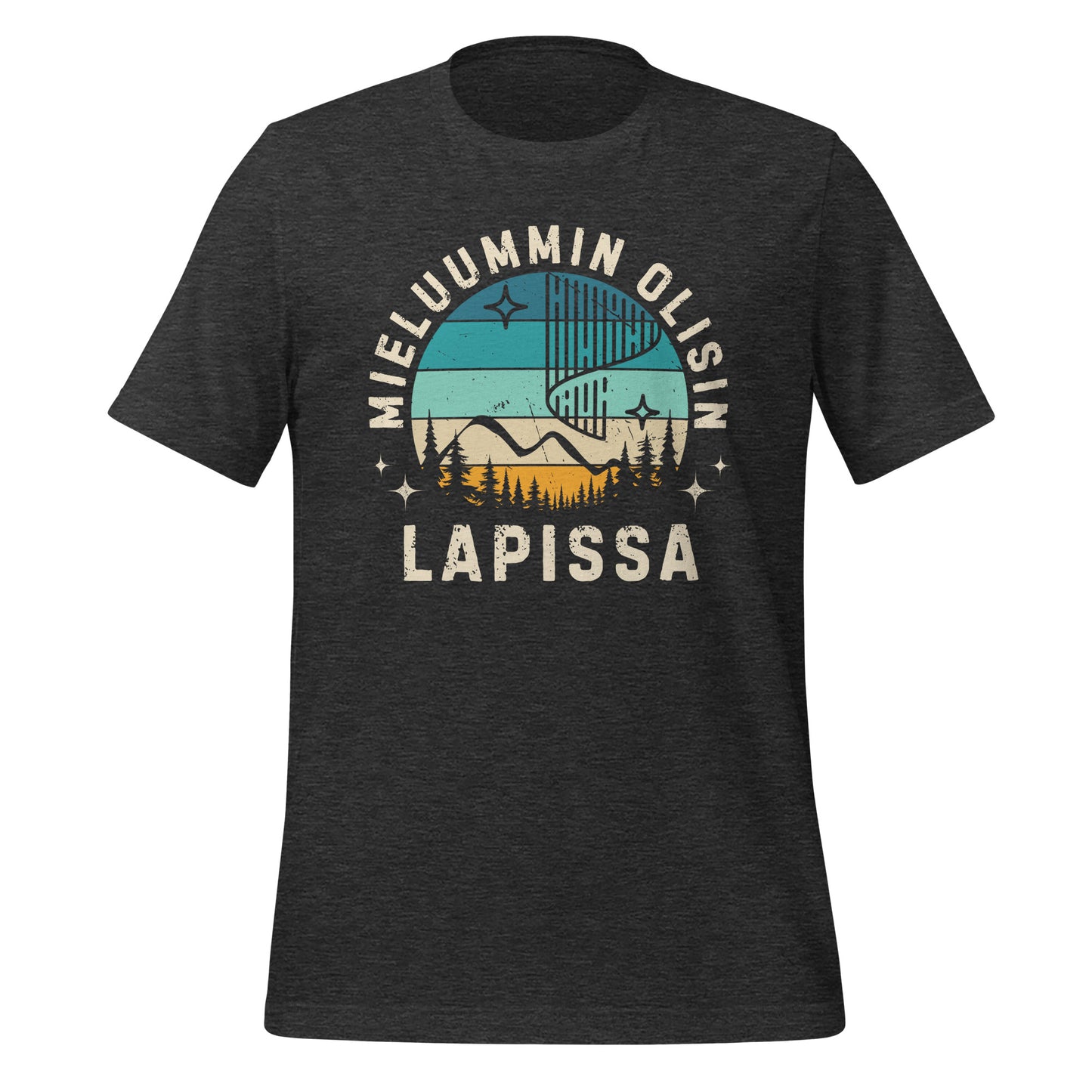 Unisex t-paita "Mieluummin olisin Lapissa" retrodesignilla, pohjoisen luontoa juhlistava printti.