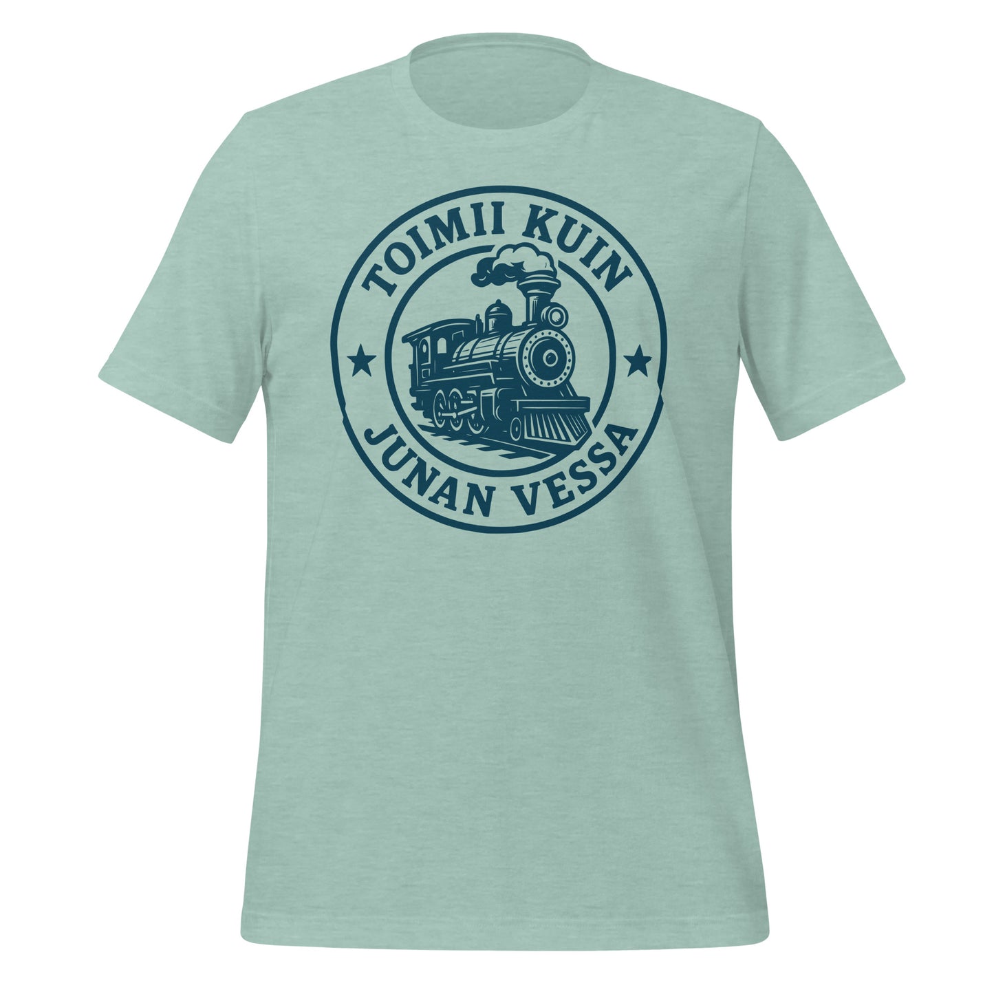 T-paita, jossa hauska retrohenkinen painatus - höyryjuna ja teksti 'toimii kuin junan vessa'.