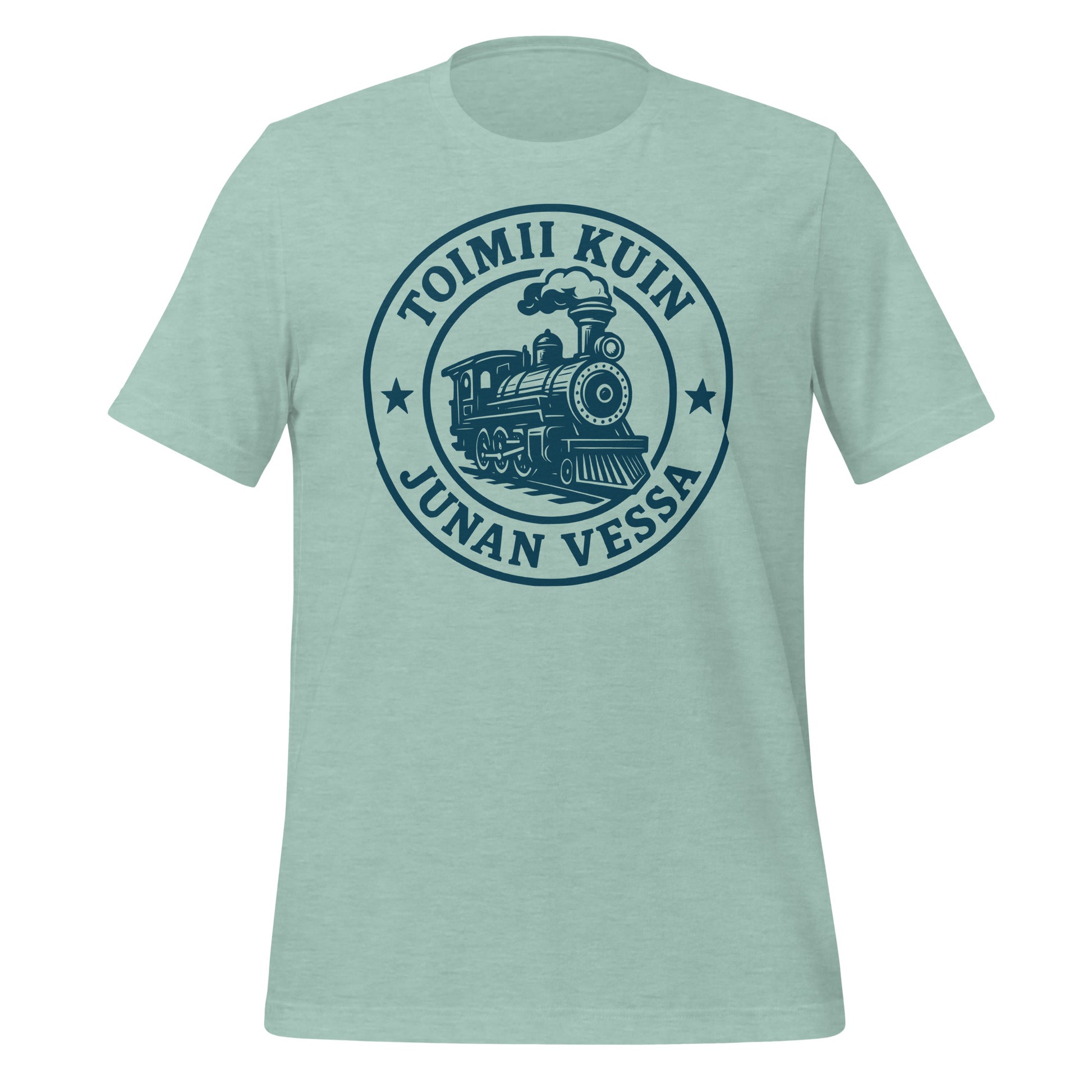 T-paita, jossa hauska retrohenkinen painatus - höyryjuna ja teksti 'toimii kuin junan vessa'.
