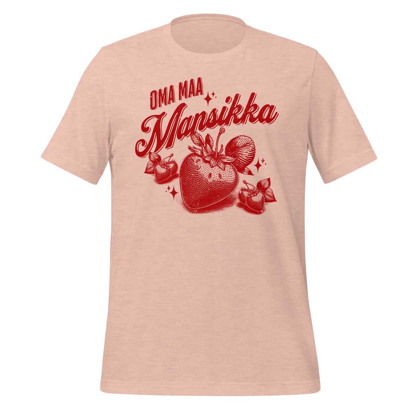 Graafinen t-paita, jossa vanha suomalainen sanonta “Oma maa mansikka” ja tyylitellyt mansikat nostalgisessa punasävyisessä kuvituksessa.