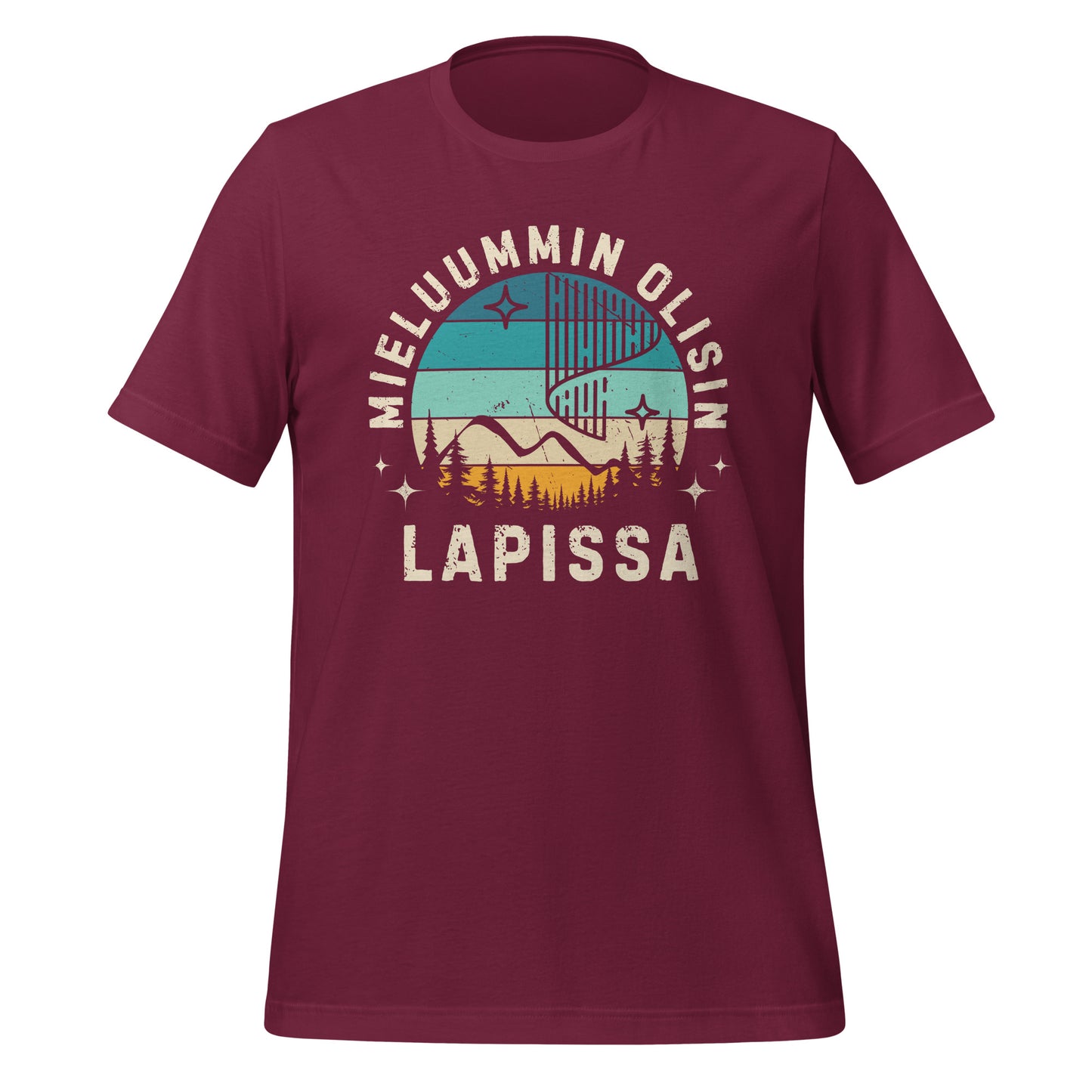 Mieluummin olisin Lapissa unisex t-paita, retrotyylinen design pohjoisen luonnon ystäville.