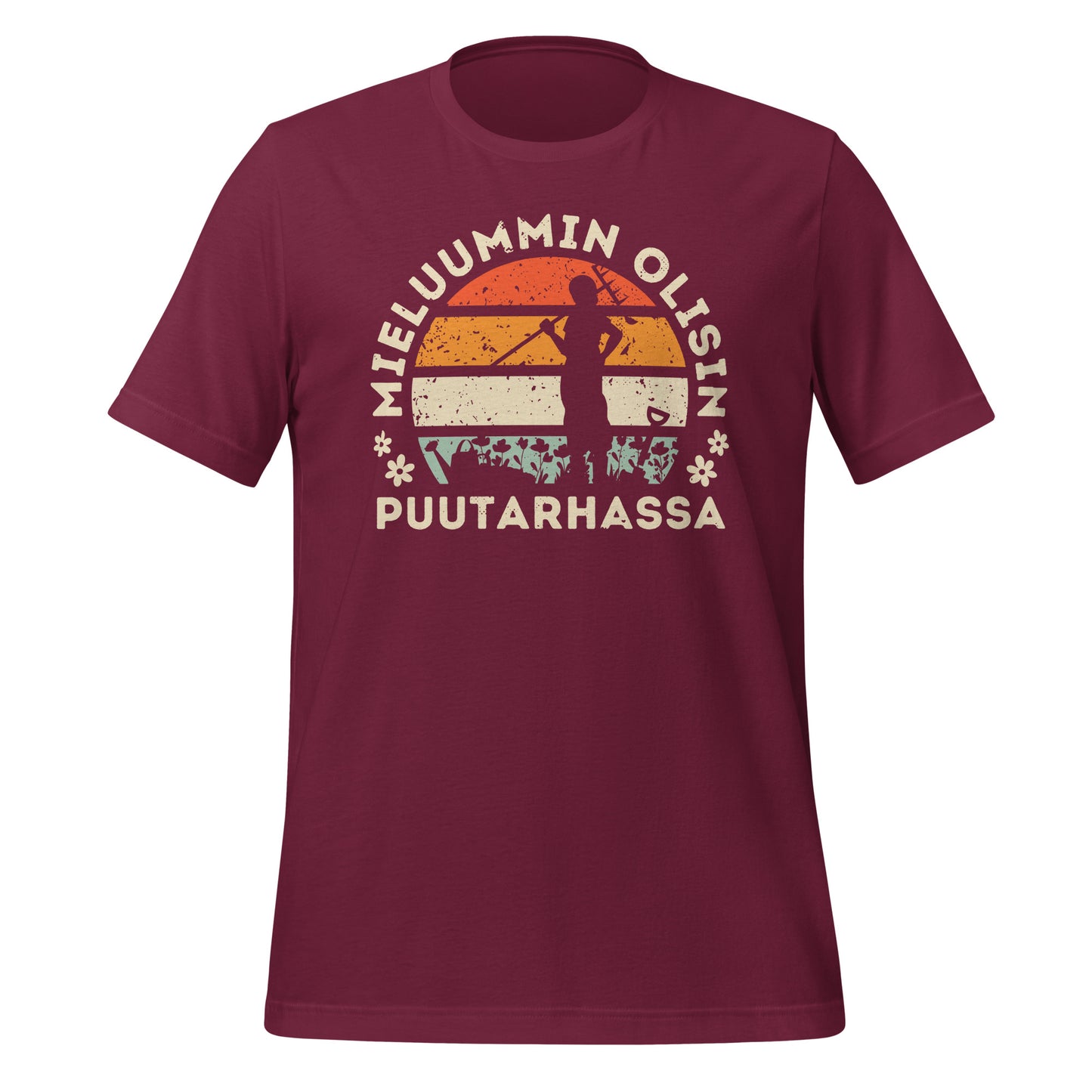 "Mieluummin olisin puutarhassa", retro auringonlasku - puutarhassa aikaa viettävälle. Viininpunainen t-paita