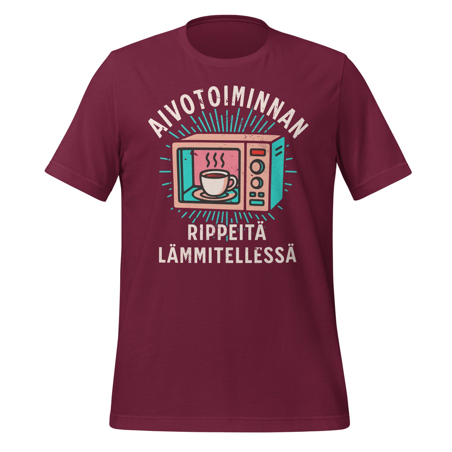 Kahvin ystävän viininpunainen t-paita, jossa retrohenkinen kuva kahvista mikrossa ja teksti 'aivotoimnnan rippeitä lämmitellessä.