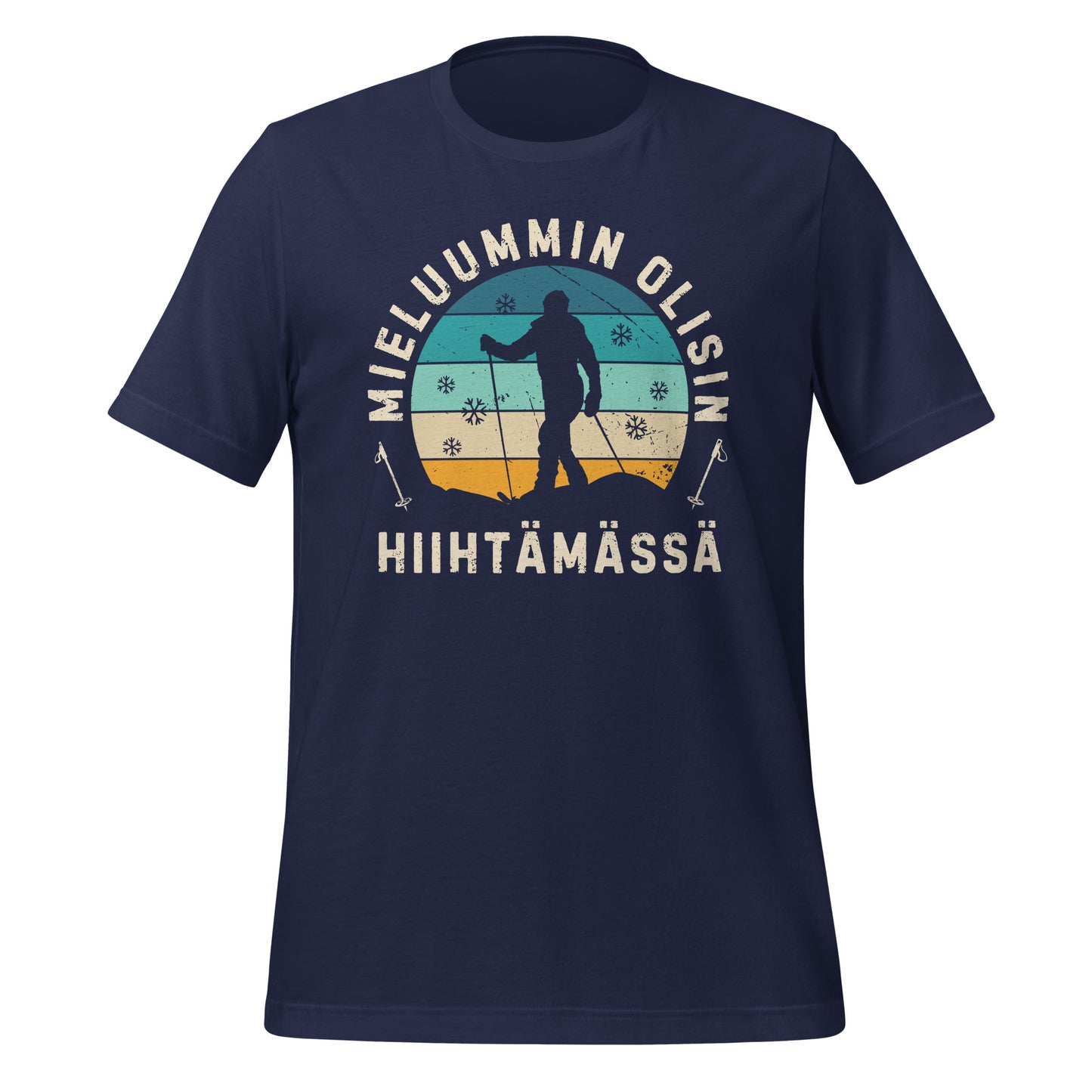 sininen t-paita - mieluummin olisin hiihtämässä, retro auringonlasku.