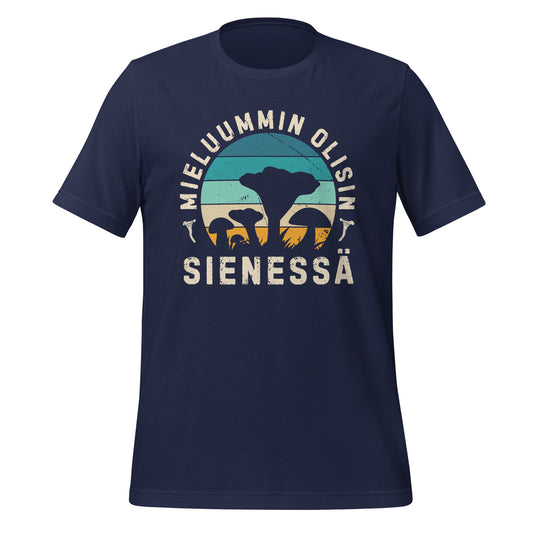 Sininen t-paita tekstillä "Mieluummin olisin sienessä" ja Retro grafiikalla sienistä.