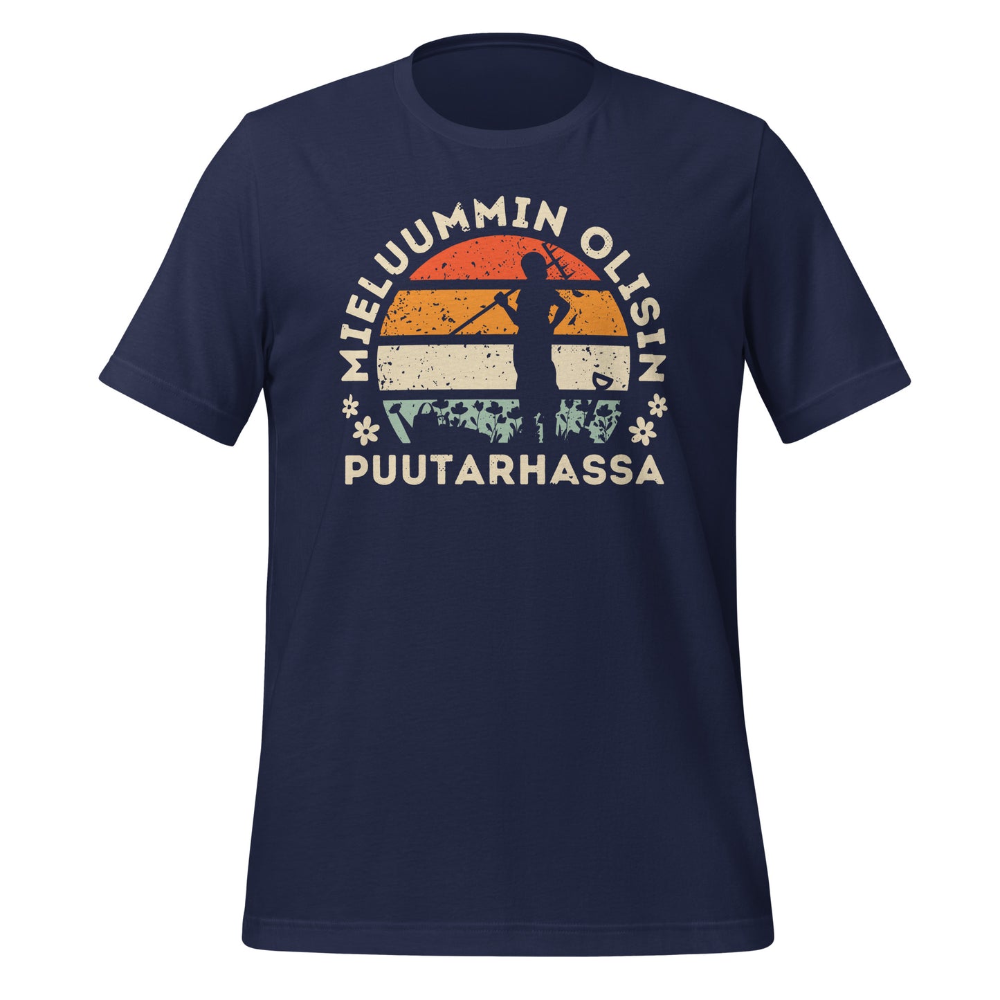 "Mieluummin olisin puutarhassa", retro auringonlasku - puutarhassa aikaa viettävälle. Sininen t-paita