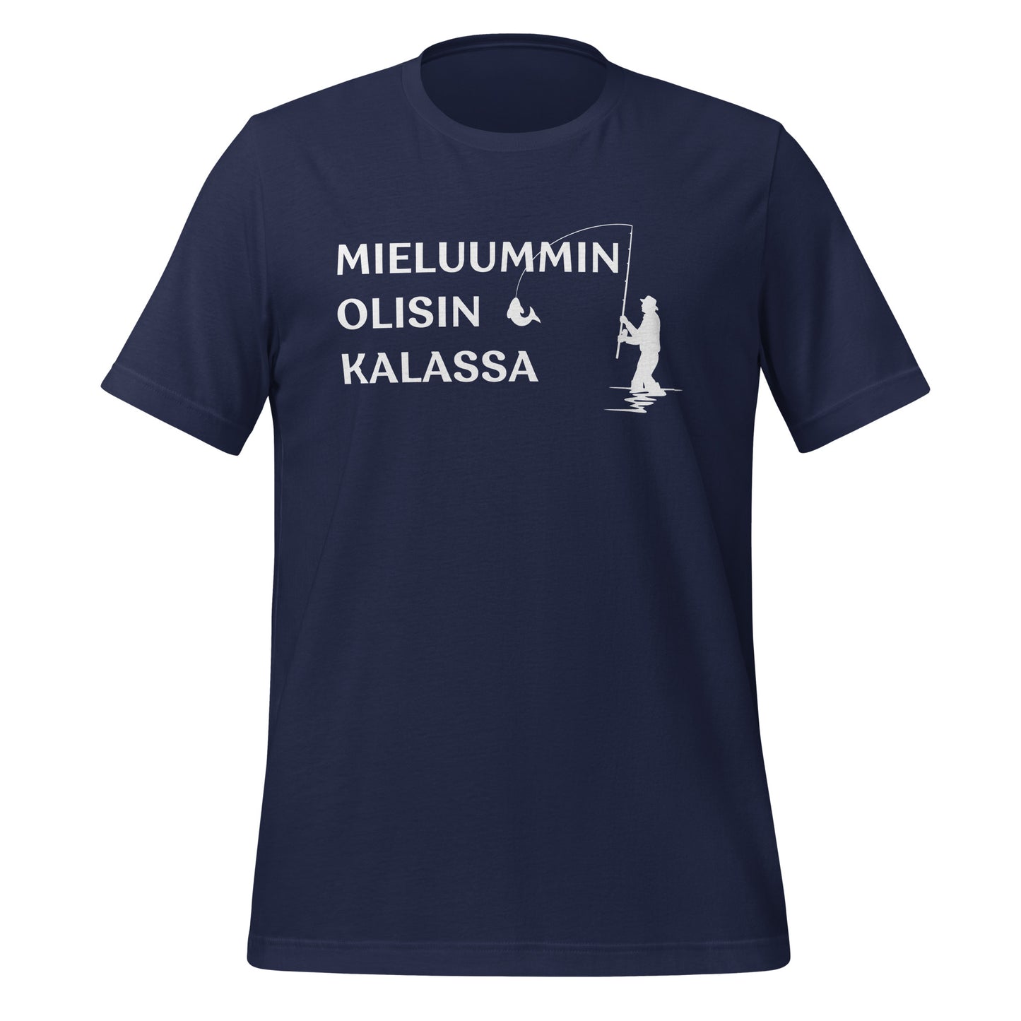 Mieluummin olisin kalassa sininen minimalistinen paita – tyylikäs ja moderni valinta kalamiehelle.