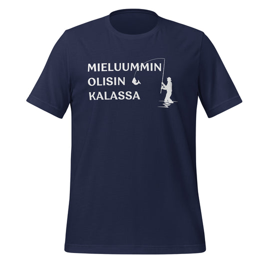 Mieluummin olisin kalassa sininen minimalistinen paita – tyylikäs ja moderni valinta kalamiehelle.