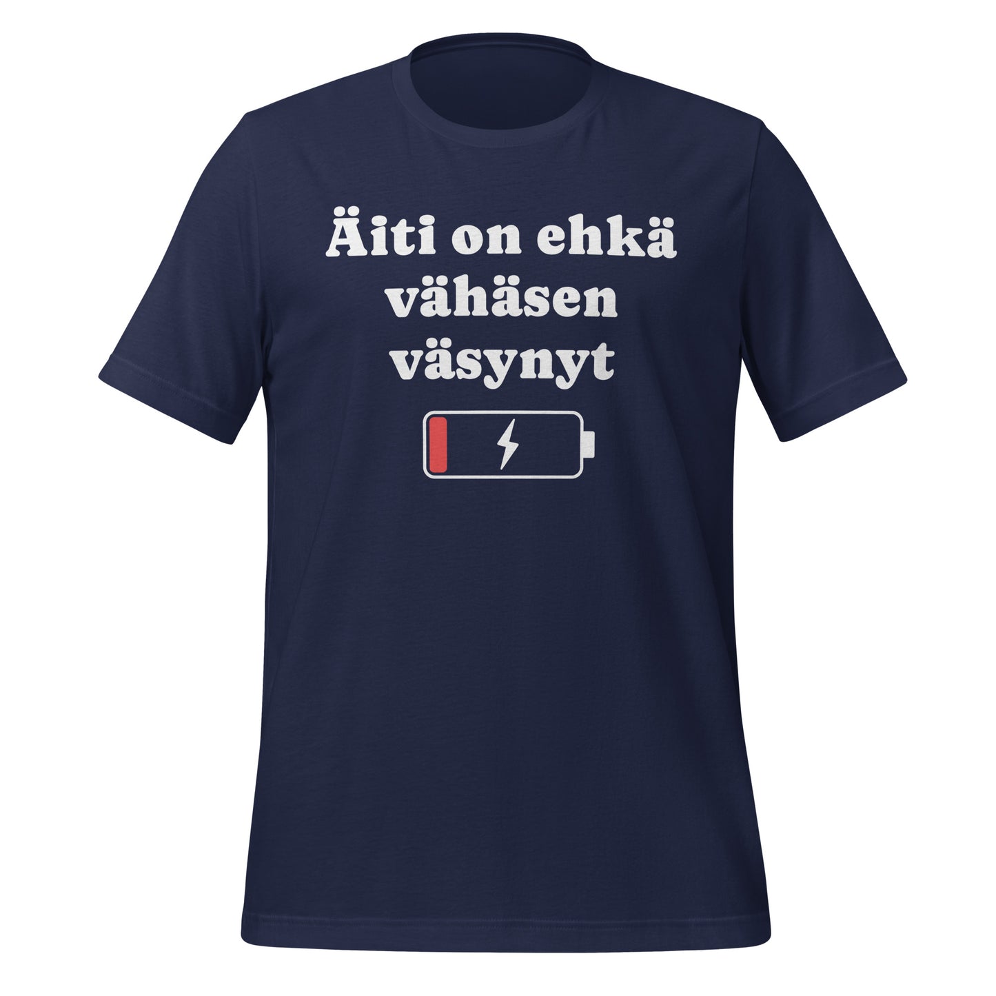 Sininen t-paita jossa lukee ”Äiti on ehkä vähäsen väsynyt” ja tyhjä akkuikoni. Hauska ja samaistuttava lahja äidille.