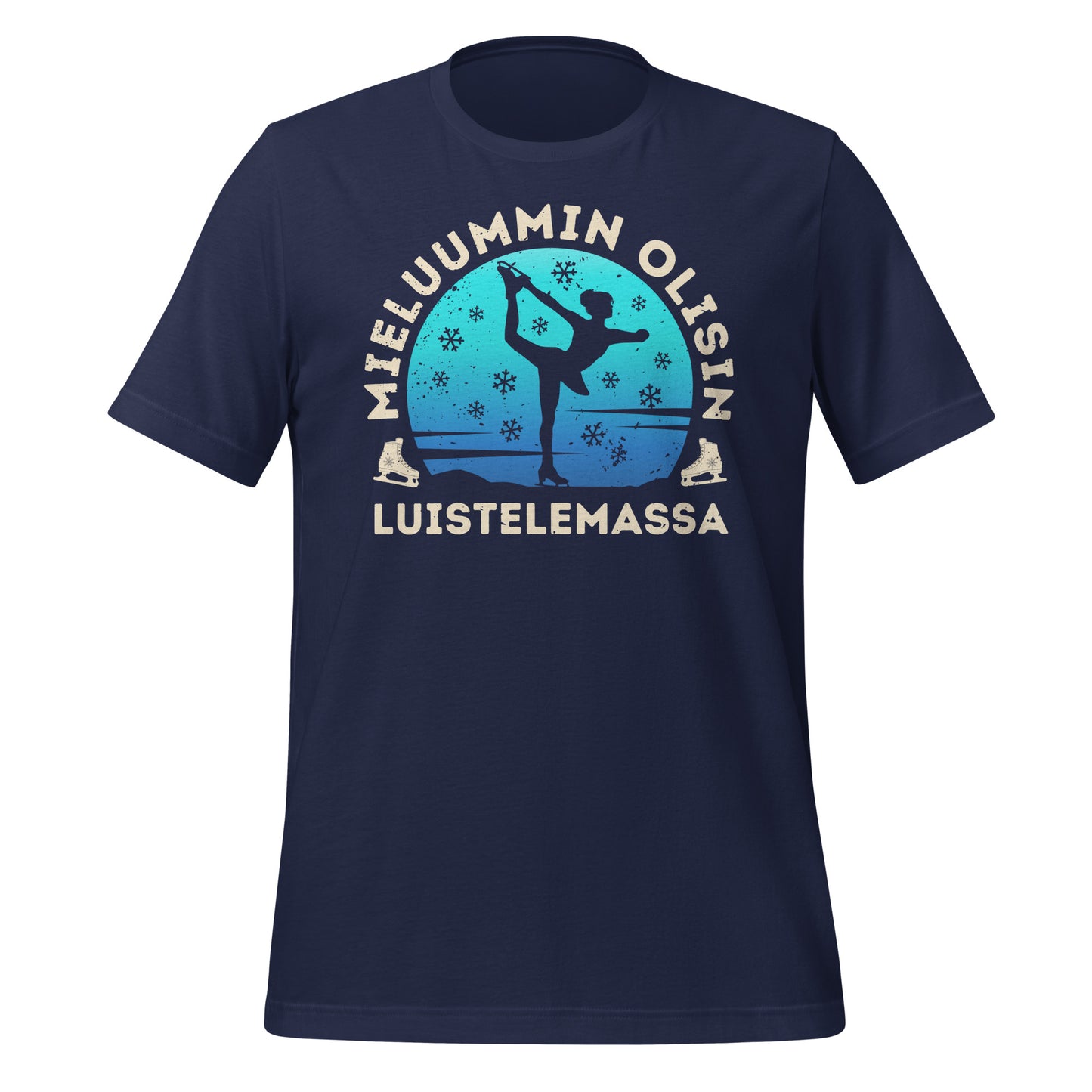 Sininen t-paita, jossa teksti "Mieluummin olisin luistelemassa", taitoluistelijan siluetti ja lumihiutaleita