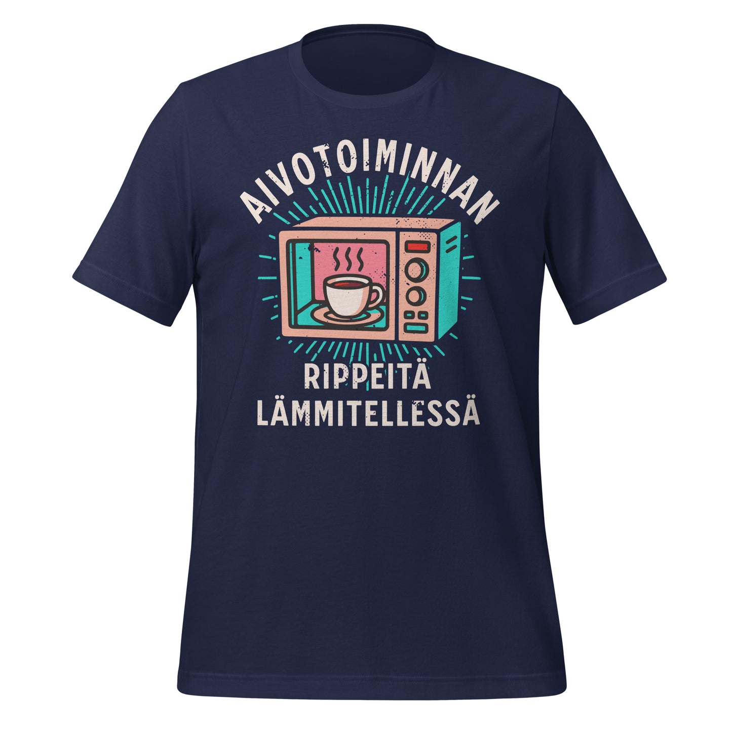 Kahvin ystävän t-paita, jossa kuva kahvikupista mikrossa ja teksti 'aivotoimnnan rippeitä lämmitellessä.