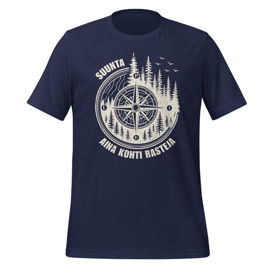 Suunnistukseen sopiva paita, jossa suomalaiset ilmansuunnat ja havumetsäkuvitus