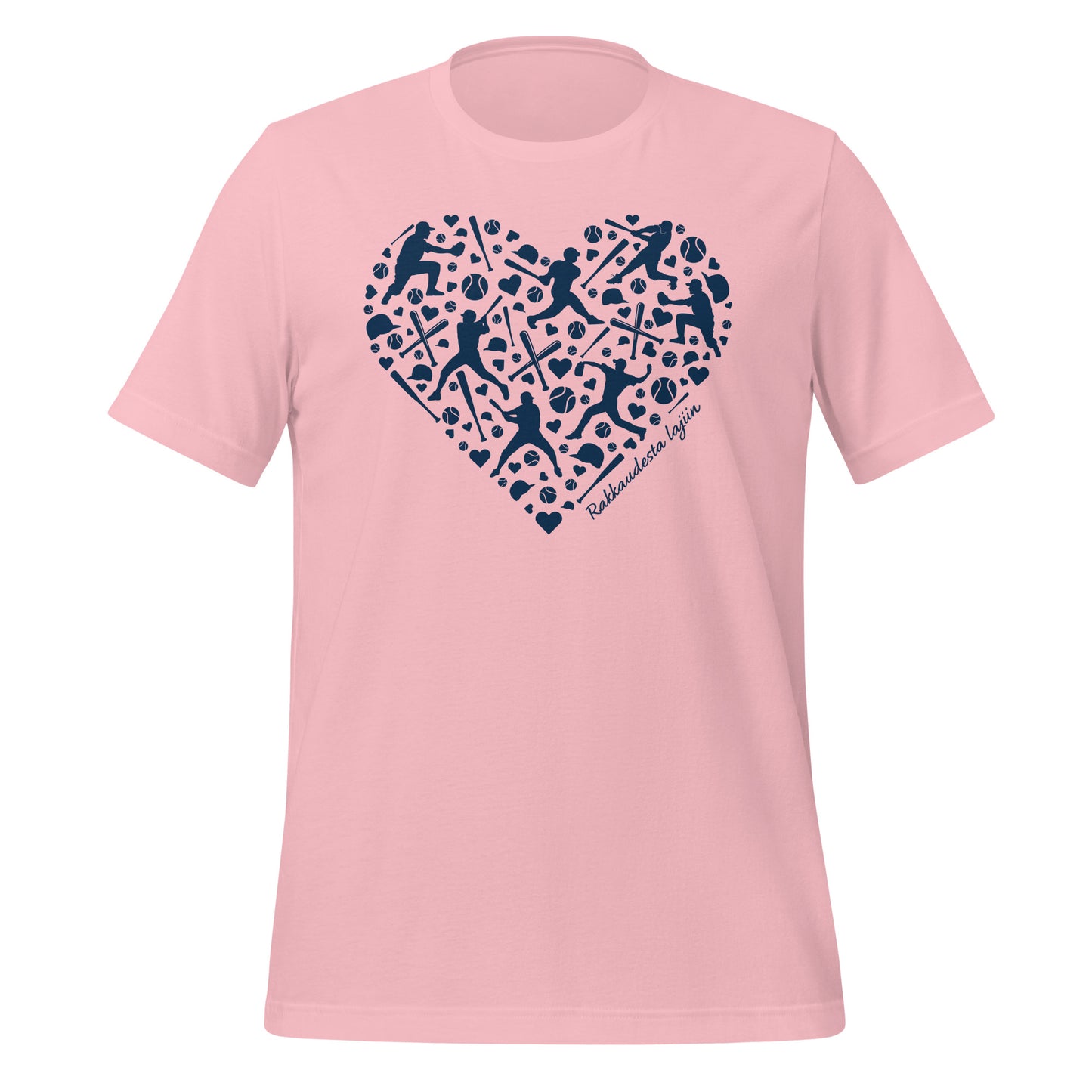 Pesäpalloteemainen sydänkuvitus t-paidassa, jossa mailat, pallot ja pelaajat muodostavat yhtenäisen kuvion.