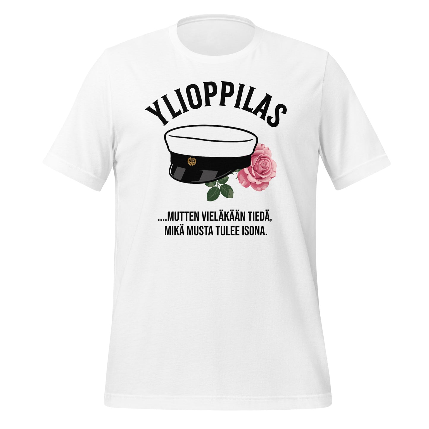 Ylioppilaslakki ja ruusu, tekstinä “Ylioppilas – mutten vieläkään tiedä, mikä musta tulee isona” humoristisessa t-paita designissa
