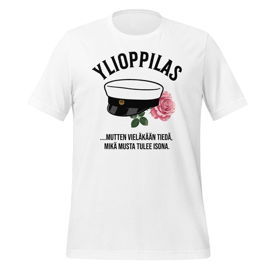 Ylioppilaslakki ja ruusu, tekstinä “Ylioppilas – mutten vieläkään tiedä, mikä musta tulee isona” humoristisessa t-paita designissa