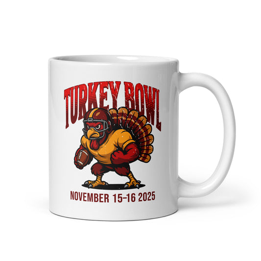 Turkey Bowl 2025 -muki, jossa amerikkalaisen jalkapallon varusteissa oleva kalkkuna