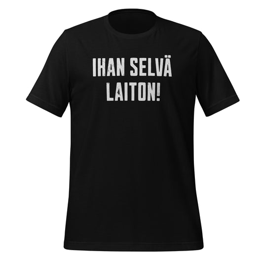 T-paita, jossa kuluneella fontilla teksti “Ihan selvä laiton!”. Pesäpallohuudahdus kentän laidalta.