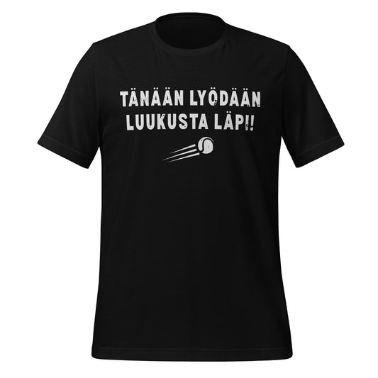 T-paita, jossa teksti "Tänään lyödään luukusta läpi!" ja pesäpalloa kuvaava graafinen symboli.