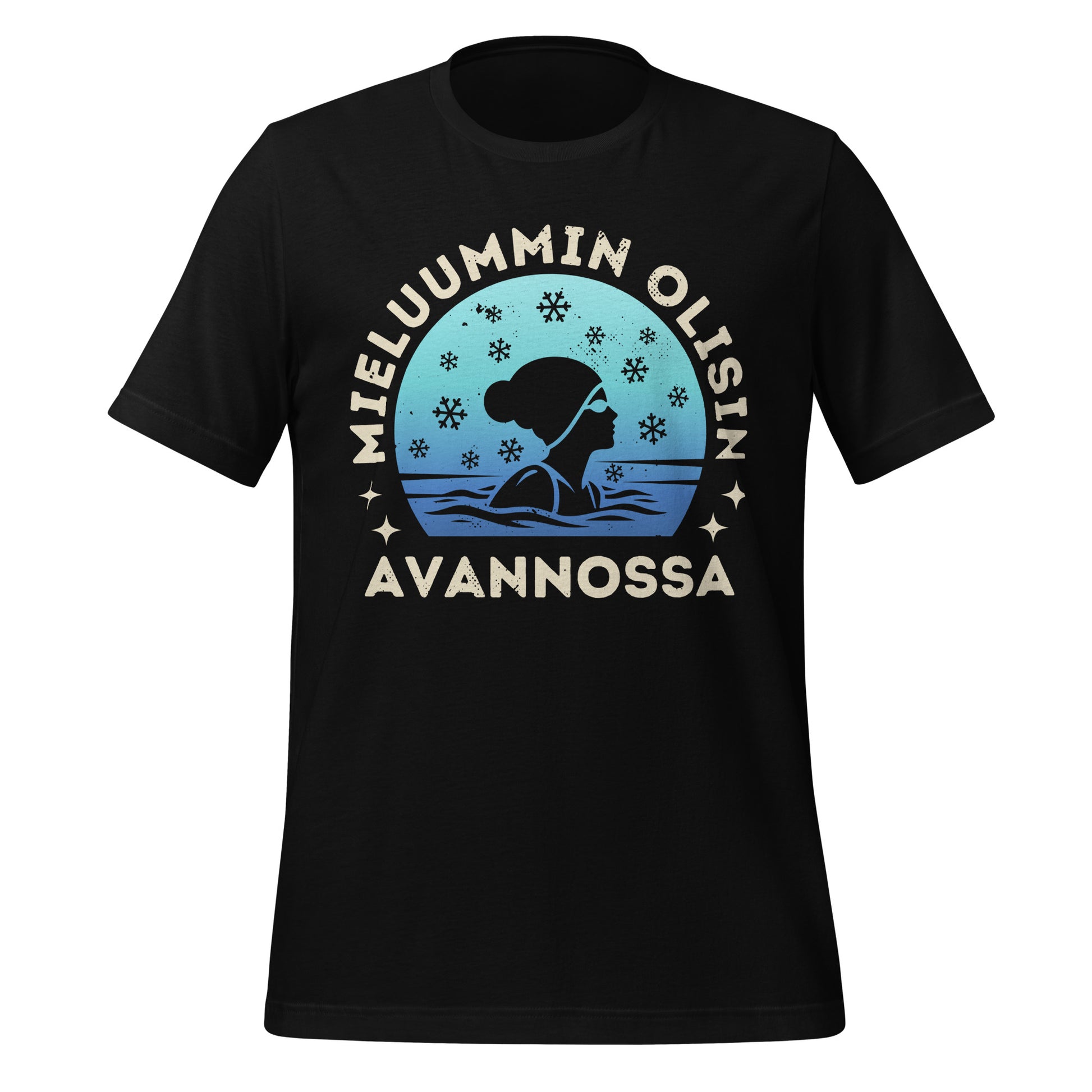 Mieluummin olisin avannossa t-paita – avantouimari talvisessa vedessä, sinisävyinen kuvitus