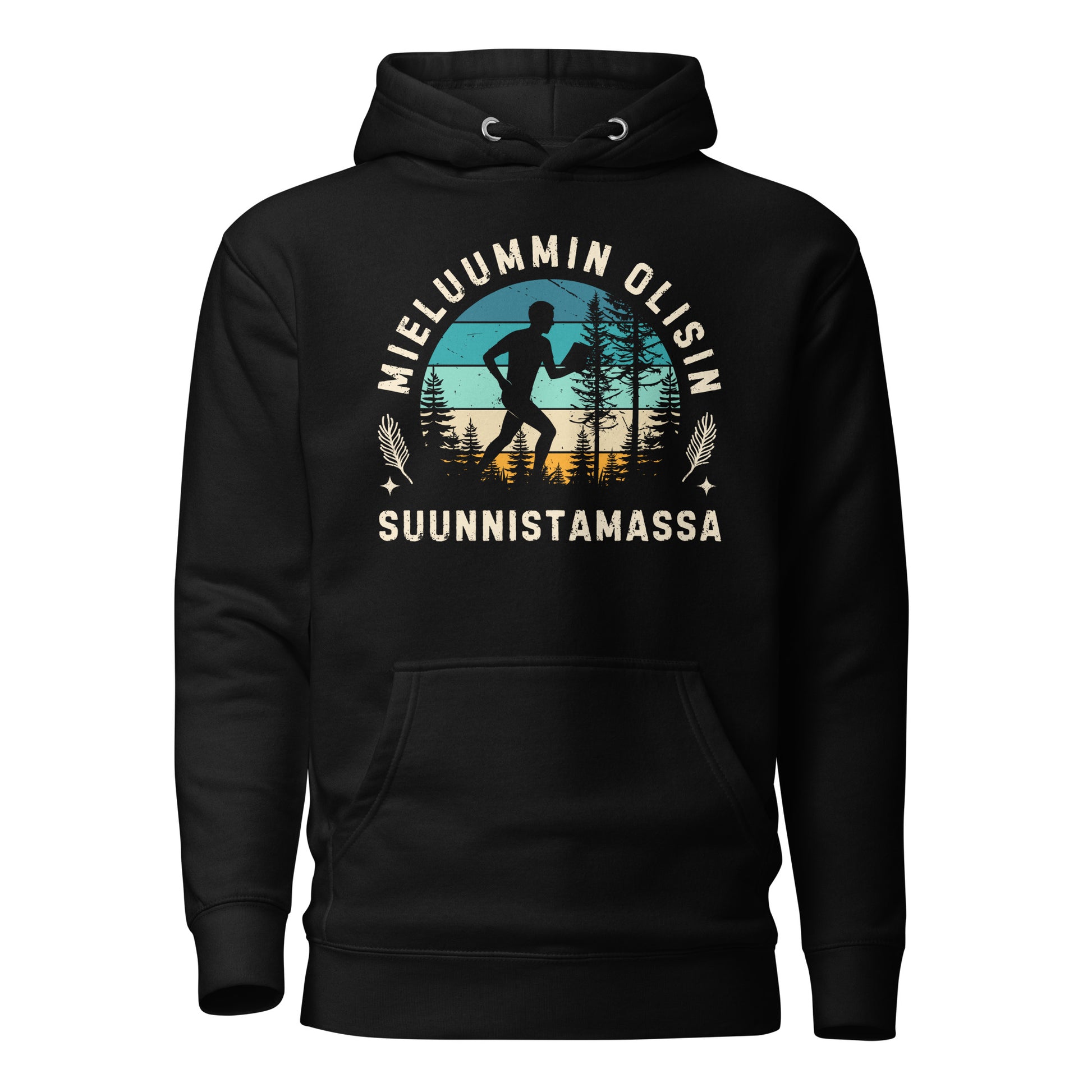 Mieluummin olisin suunnistamassa huppari, miessuunnistajan siluetti metsämaisemassa