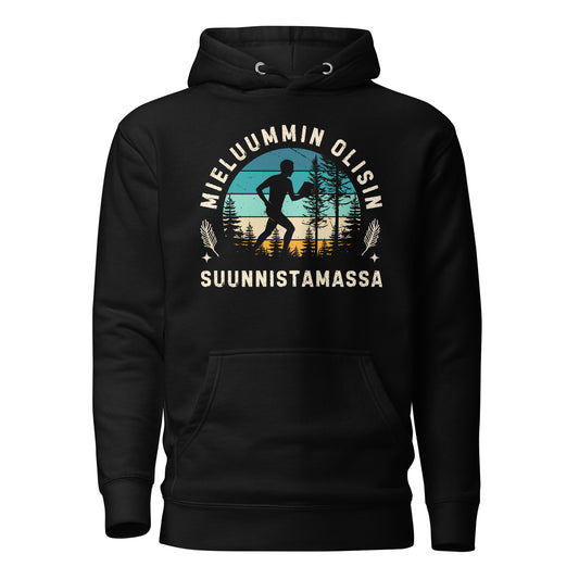 Mieluummin olisin suunnistamassa huppari, miessuunnistajan siluetti metsämaisemassa