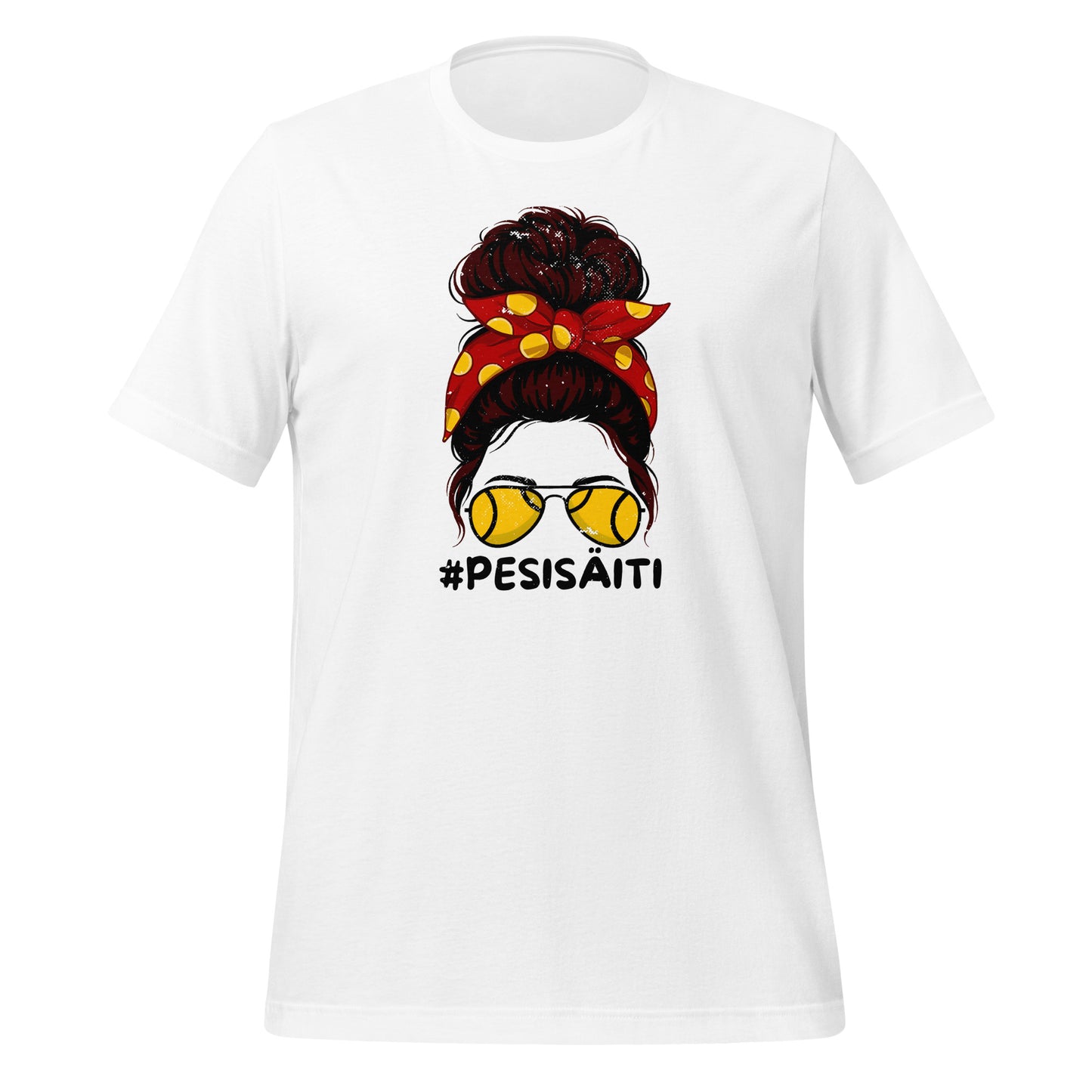 Hauska paita pesäpalloa pelaavien äideille. Trendikäs nainen nutturalla ja pesishuivilla ja -laseilla.