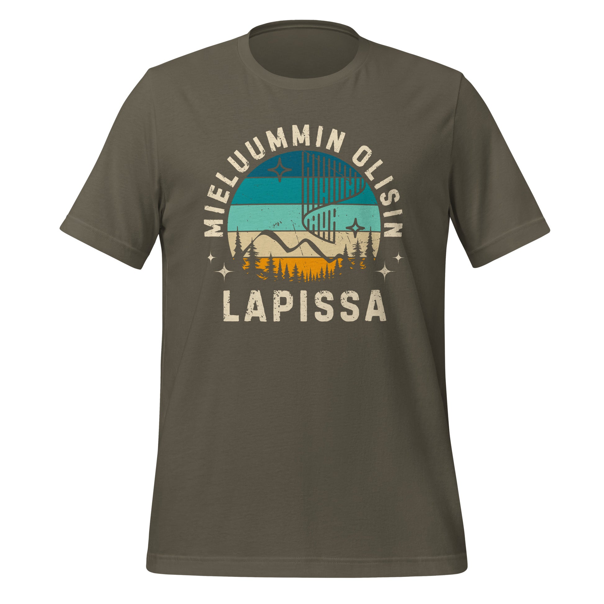 Mieluummin olisin Lapissa unisex t-paita, jossa kaunis pohjoisen luonto ja retrotyylinen design.
