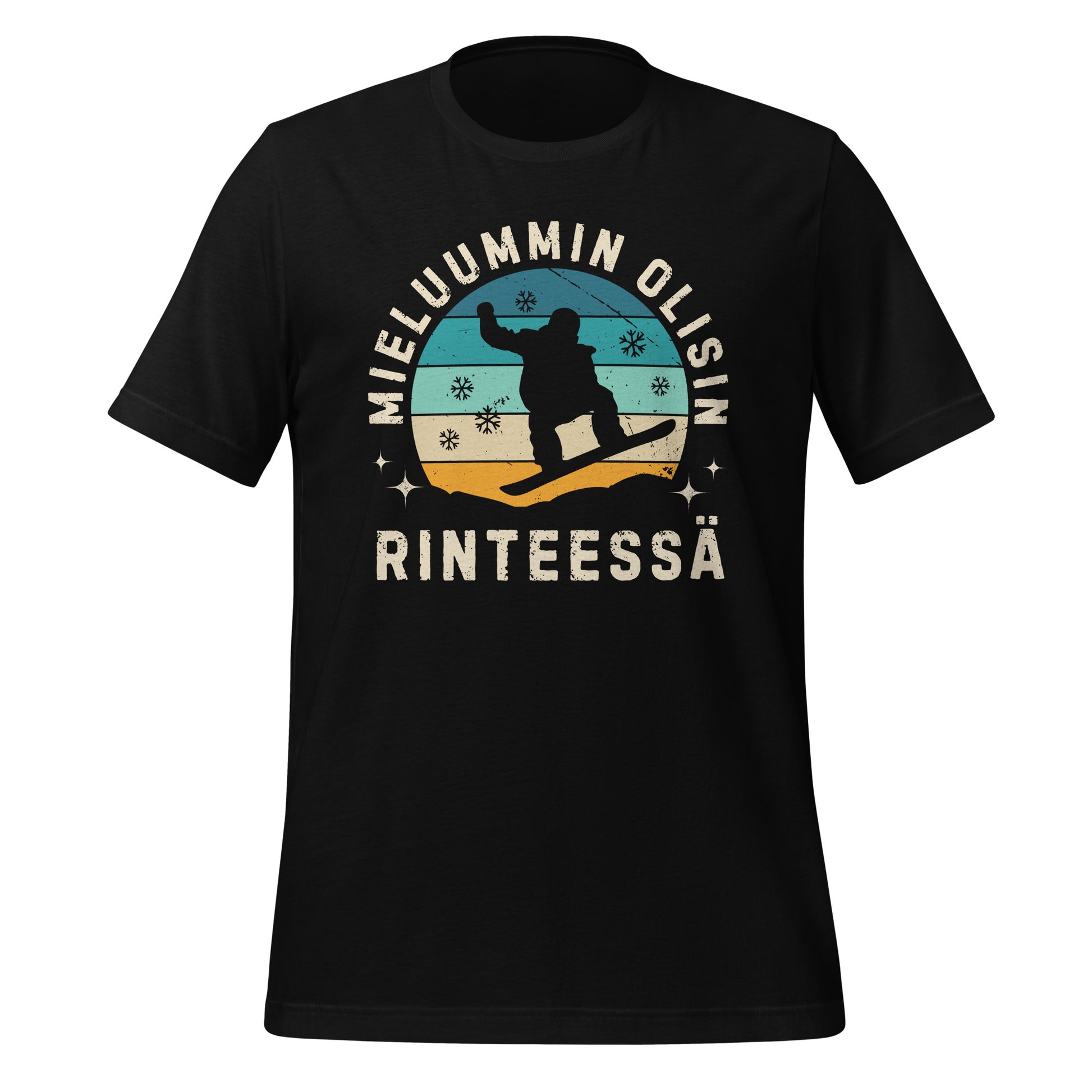 Retro t-paita, jossa teksti 'Mieluummin Olisin Rinteessä' ja lumilautailijan siluetti talvimaisemassa.