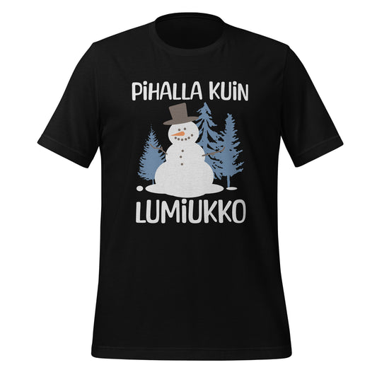 T-paita tekstillä "Pihalla kuin lumiukko" ja kuvalla iloisesta lumiukosta. Humoristinen talviaiheinen design.
