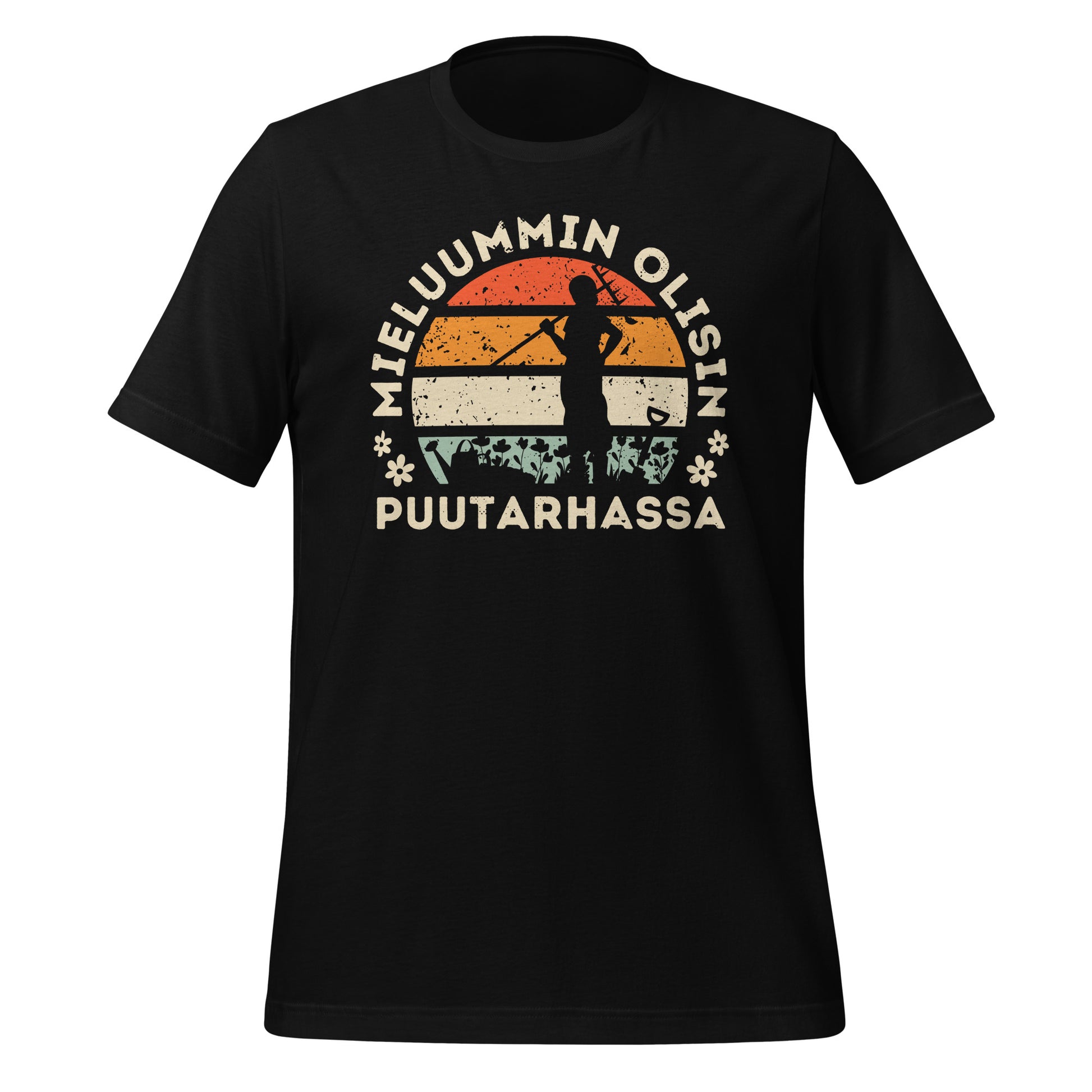 T-paita, jossa teksti "Mieluummin olisin puutarhassa", retro auringonlasku ja puutarhanhoidon elementit kuten kukkia ja lapio.