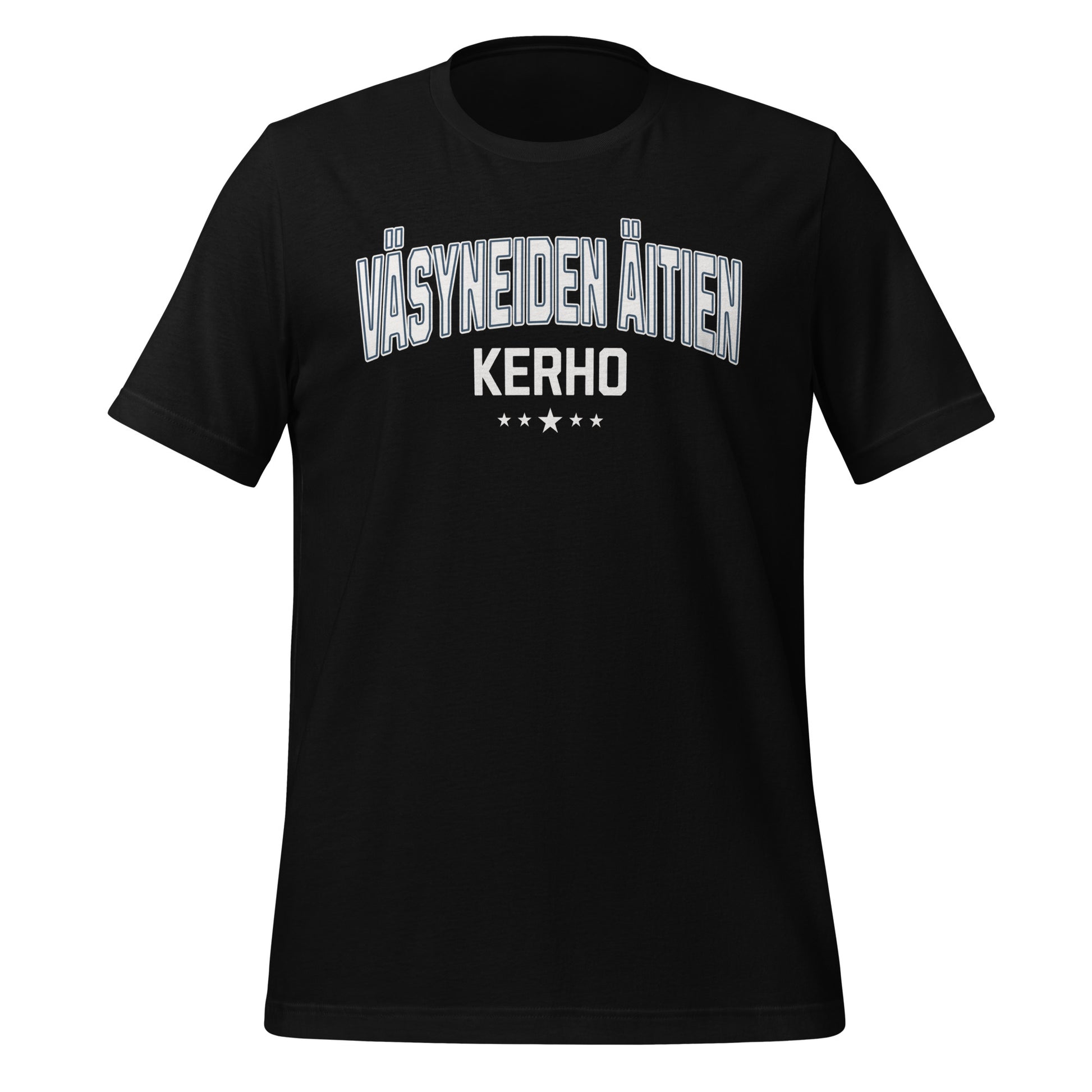 Musta t-paita, jossa tyylikäs typografia 'väsyneiden äitien kerho', vaalea painatus. 